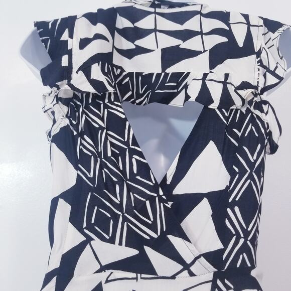 Plenty by Tracy Reese Geometric Print  Maxi Dress High Low Ruffle Keyhole Back - Picture 13 of 15